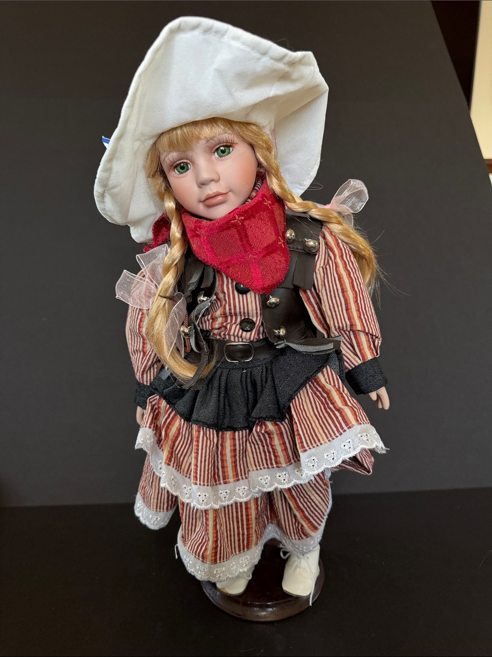 Porcelain Western-Style Doll with Red Bandana and White Hat